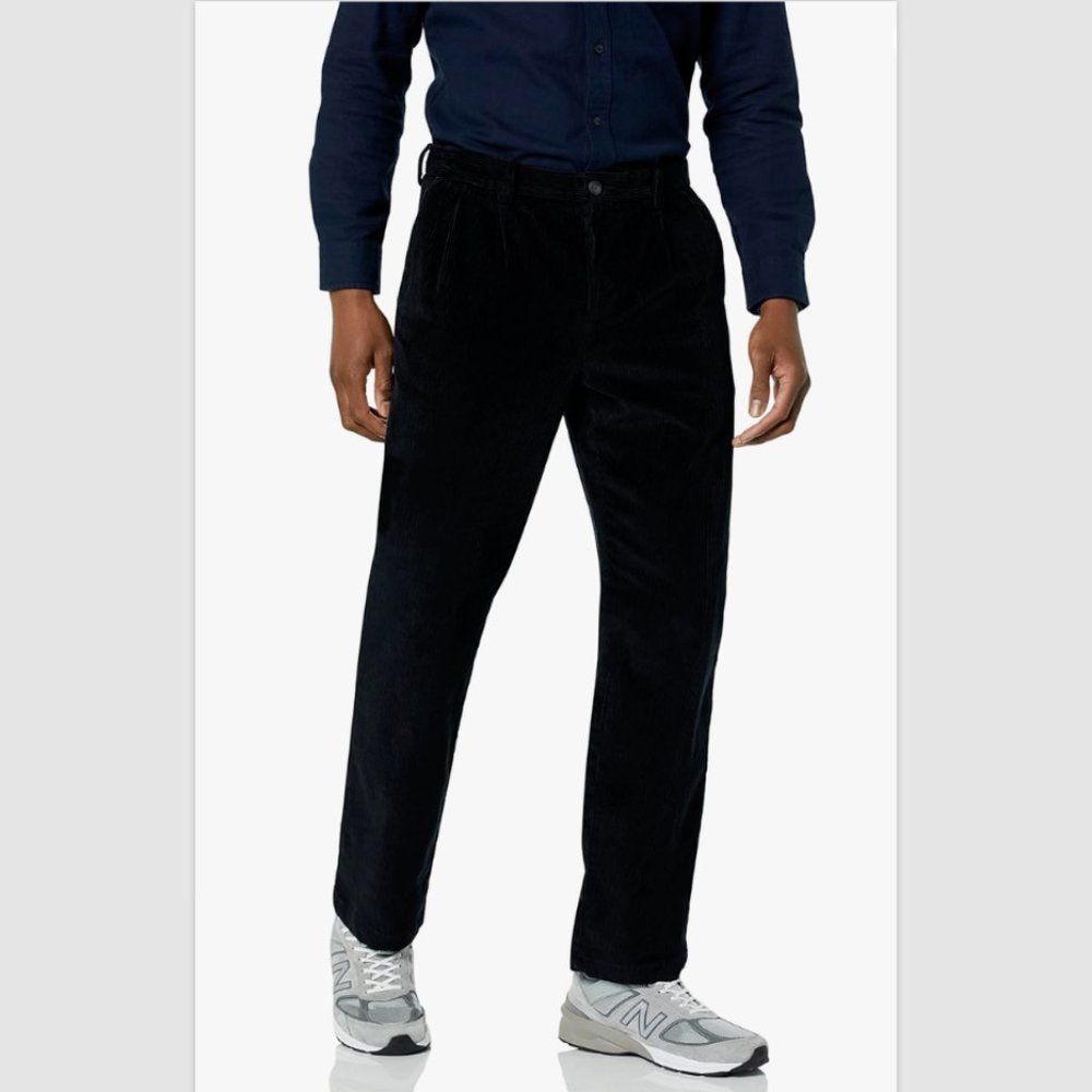 ESSENTIALS Men's Pleated Classic-Fit Stretch Corduroy Chino Pants Sz 36x34 Black